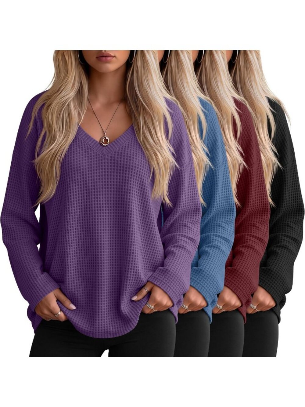 Cozy 4-Pack Women's Long Sleeve Waffle Knit Sweatshirts - Perfect for Layering!